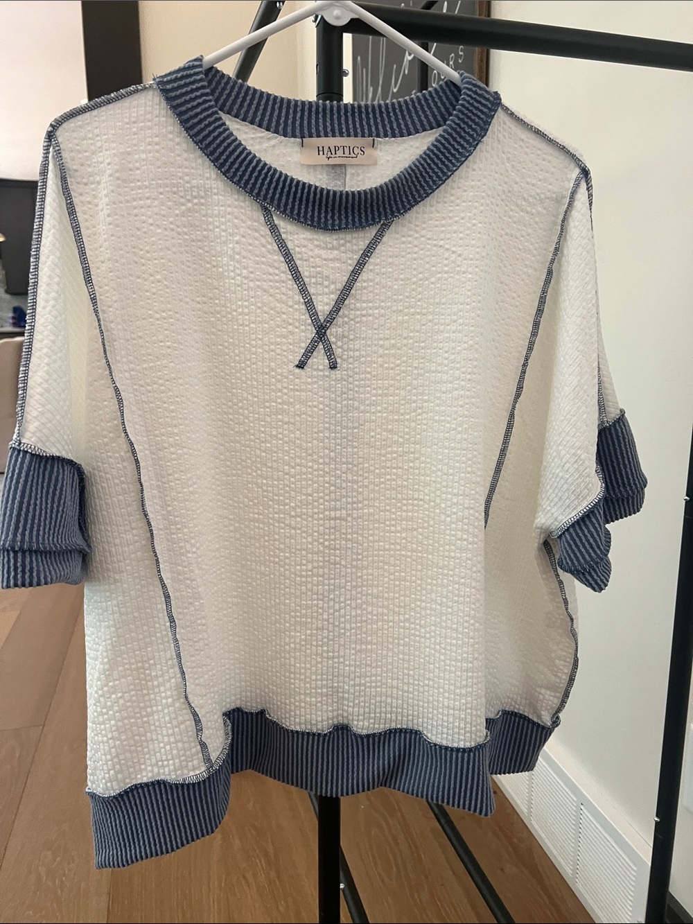 Haptics Women's White Waffle-Knit Short-Sleeve Top with Blue Trim